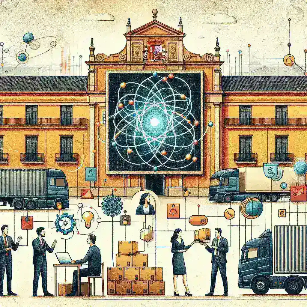 "Estudiantes de universidades españolas colaborando en la investigación y desarrollo de algoritmos cuánticos aplicados a la logística, con gráficos y computadoras en un aula moderna."