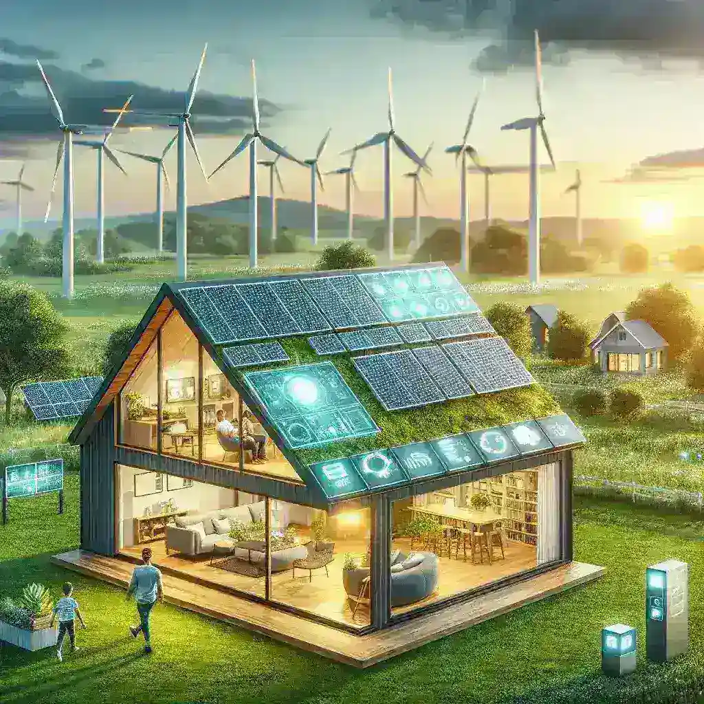 "Imagen de un hogar sostenible con paneles solares en el techo y un sistema de energía eólica, ilustrando innovaciones en energías renovables y tecnología para hogares sostenibles."